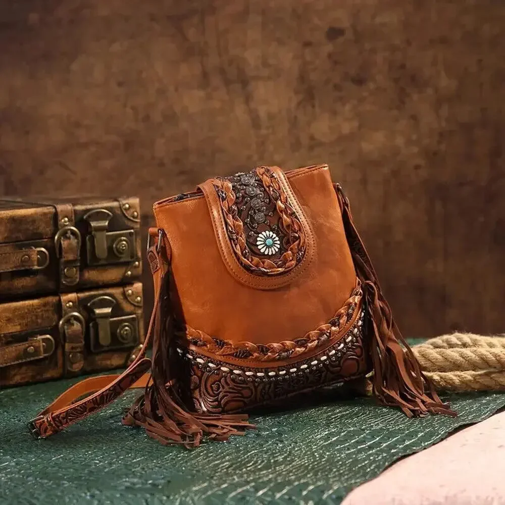 NEW Crossbody Bag Womens Brown Vintage Western Bucket Bag Ethnic Tooled Fringe - Picture 4 of 6